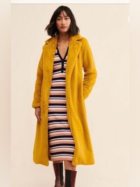 Free People Long Teddy Coat in Mustard Yellow